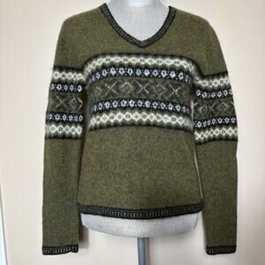 White Fish Bay Womens Fair Isle Wool Sweater Green Nordic Knit Size M Fits S